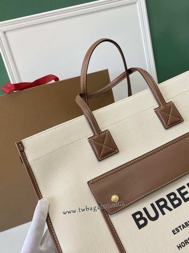 Burberry專門店新款手提女包購物袋 巴寶莉大號雙色帆布拼皮皮革Freya義大利精製托特包 yxb1285